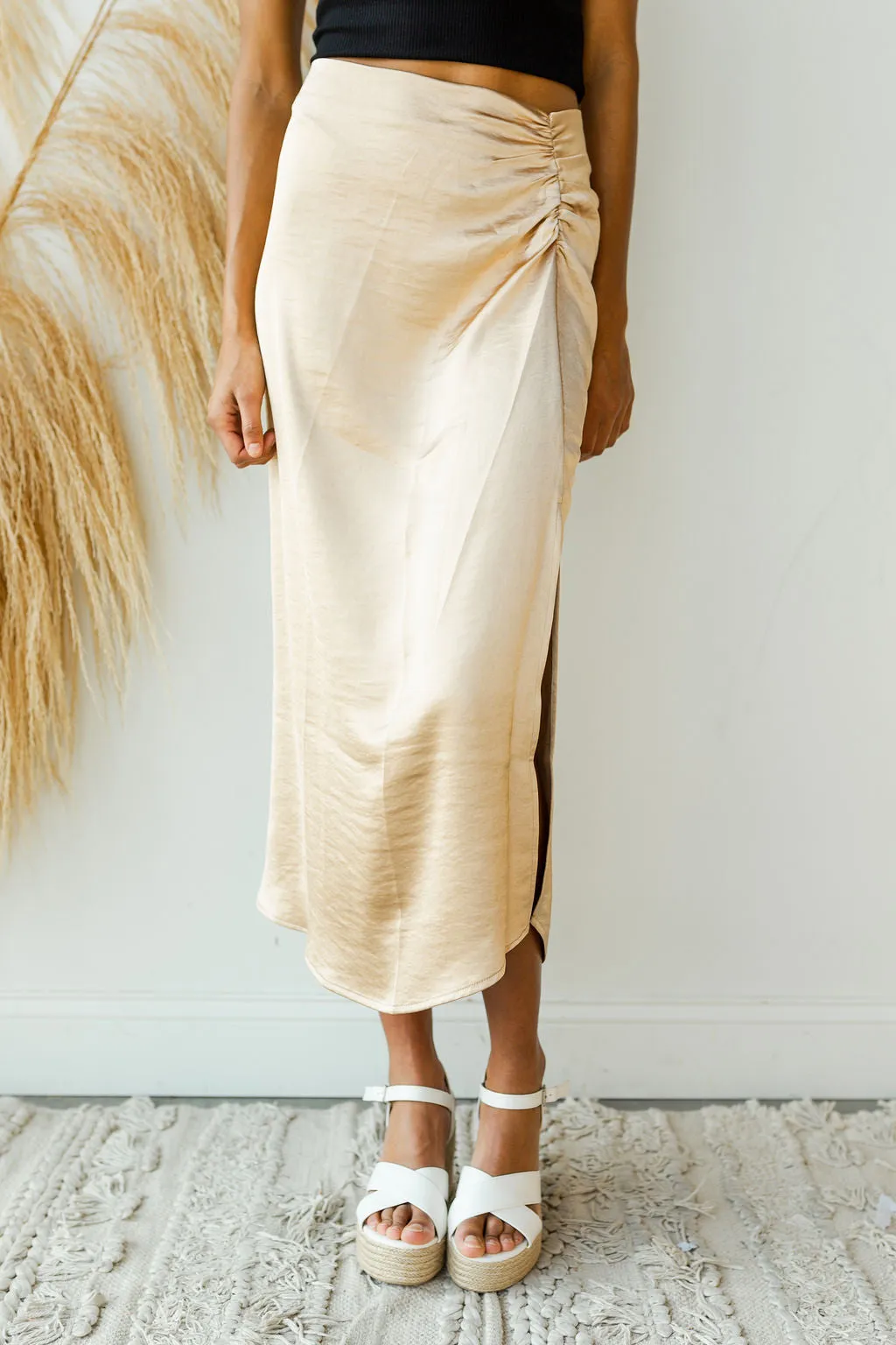 satin rouched slit midi skirt