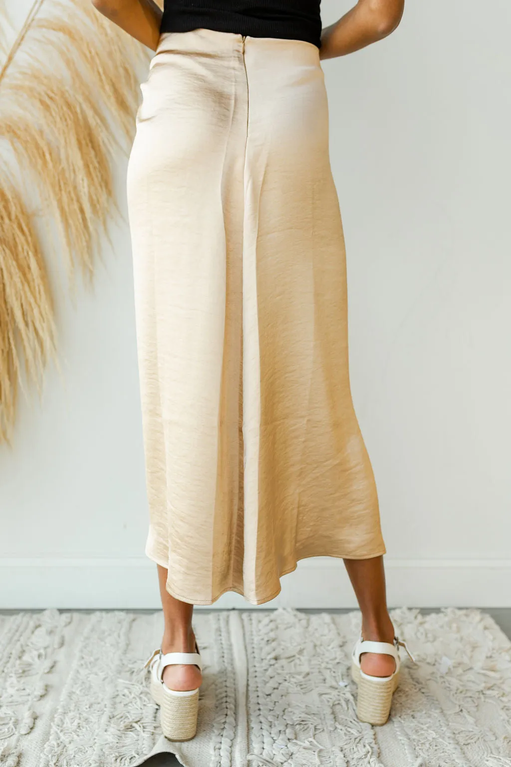 satin rouched slit midi skirt