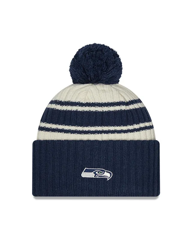 Seattle Seahawks New Era 2022 Sideline - Sport Cuffed Pom Knit Hat - Cream/Navy