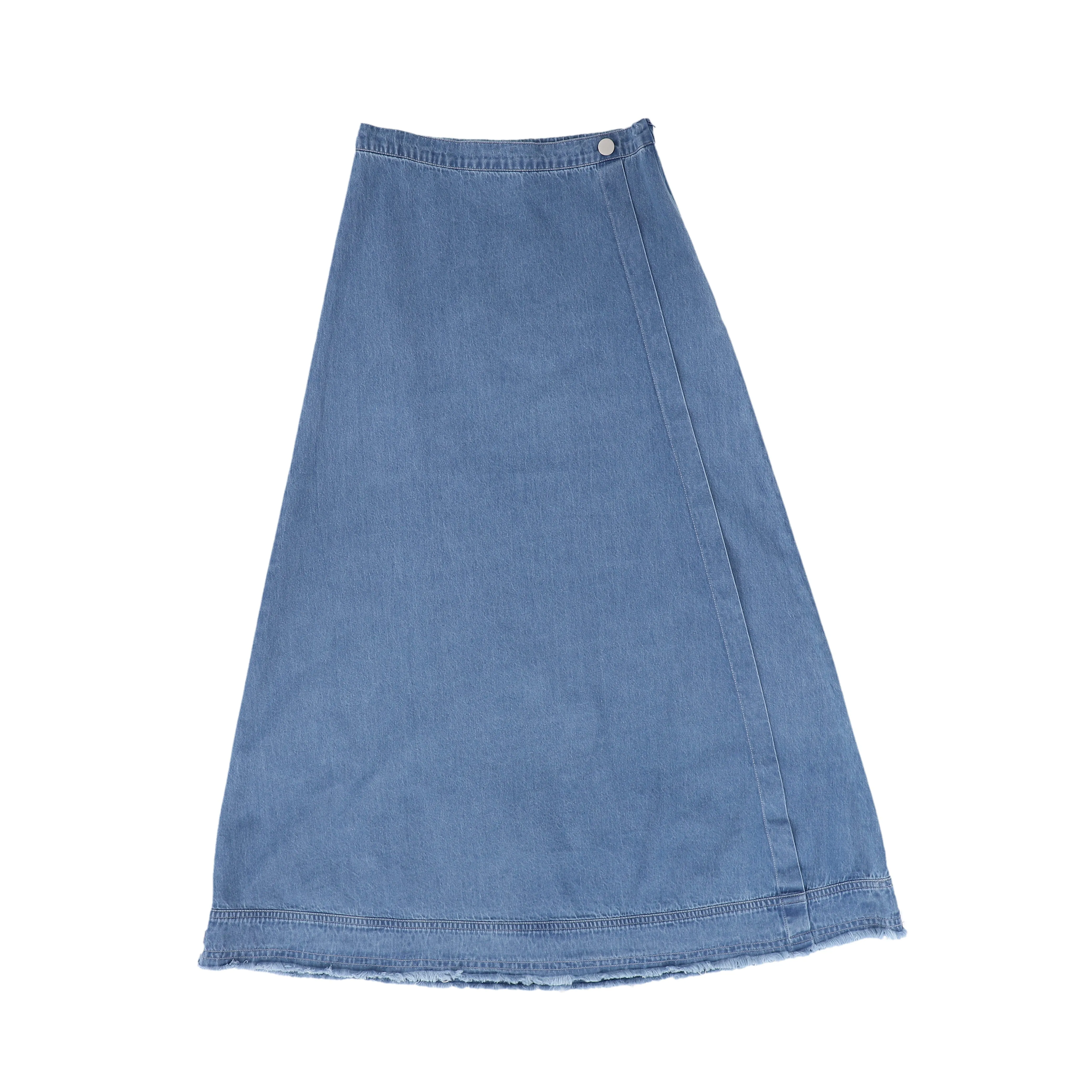 skirt midi wrap fringe bottom - light denim blue