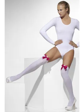Smiffys Opaque Hold-Ups, White, with Fuchsia Bows - 42766