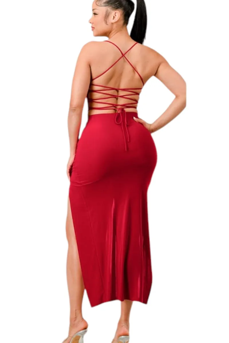 Strappy Crop Top and Ruched Midi Skirt Set