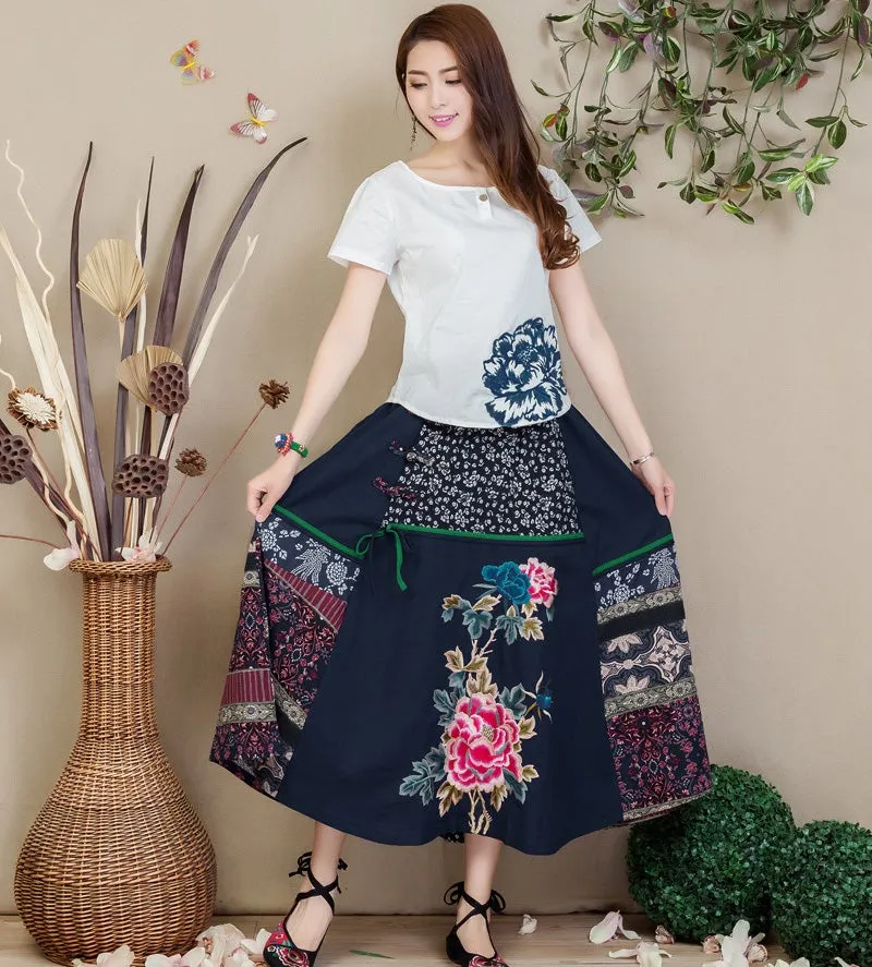 Traditional Chinese Style Floral Embroidery Expansion Pleated Skirt
