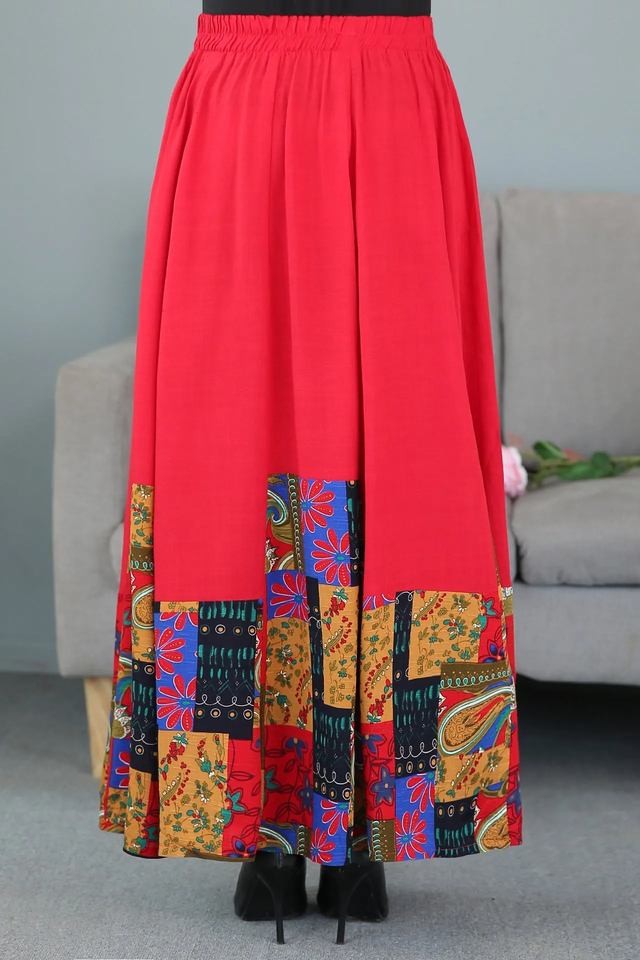 Traditional Chinese Style Floral Expansion Pleated Skirt