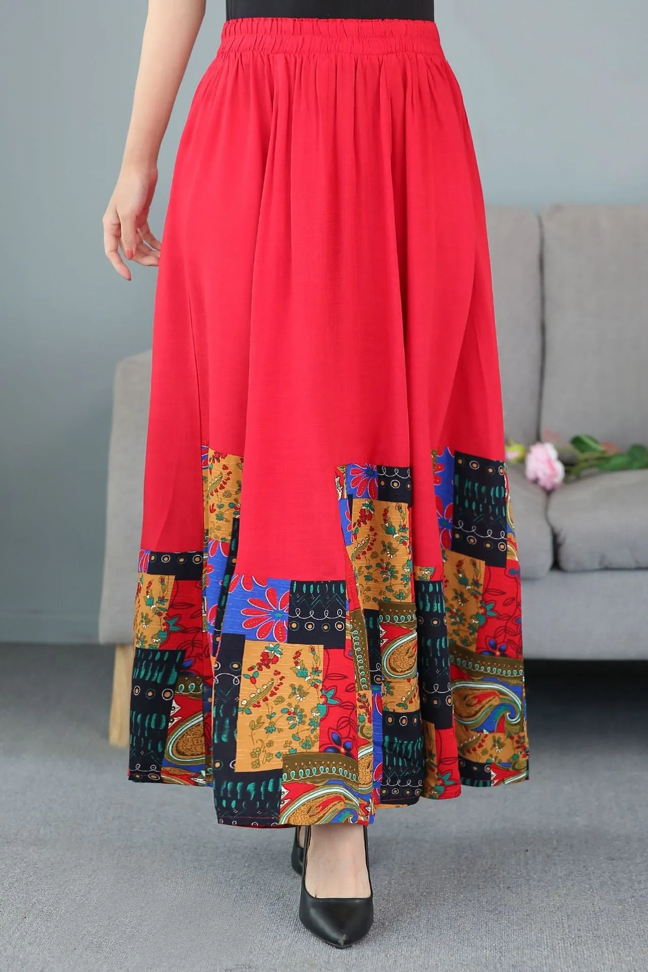 Traditional Chinese Style Floral Expansion Pleated Skirt