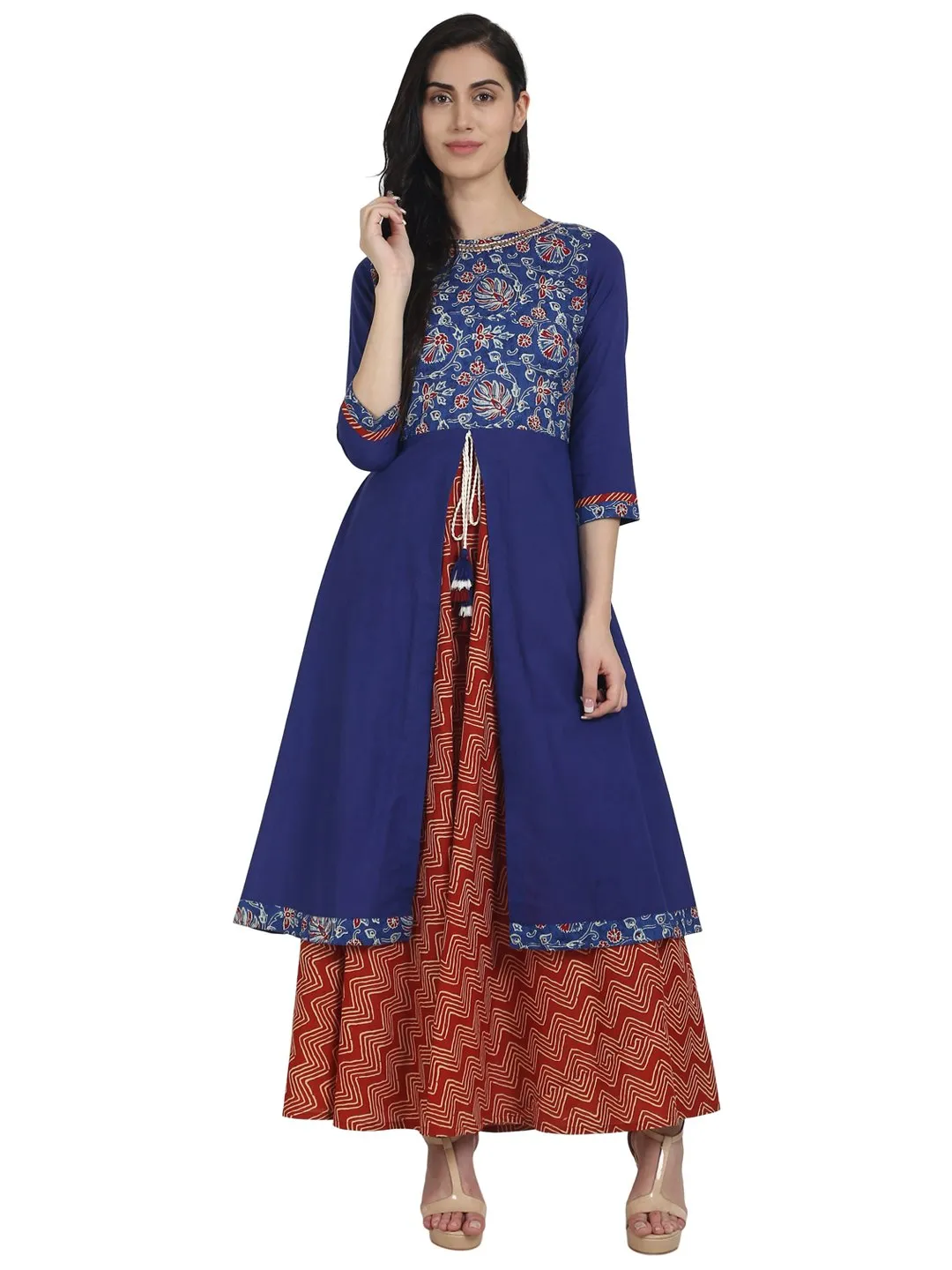 Women Blue & Red Printed Cotton 3/4Th Sleeve Double Layer Kurta