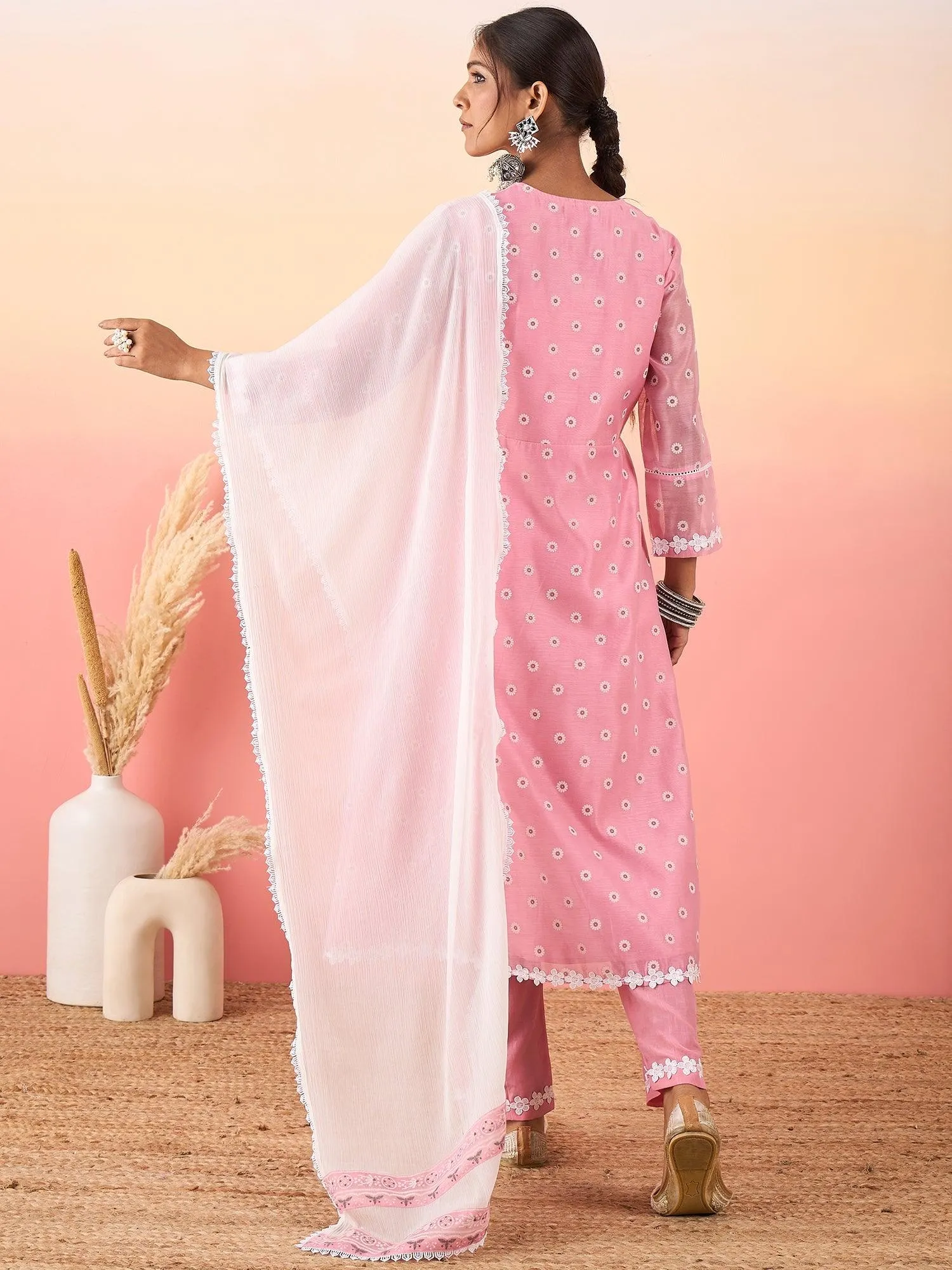 Women Floral Printed Regular Chanderi Silk Kurta with Trousers & With Dupatta