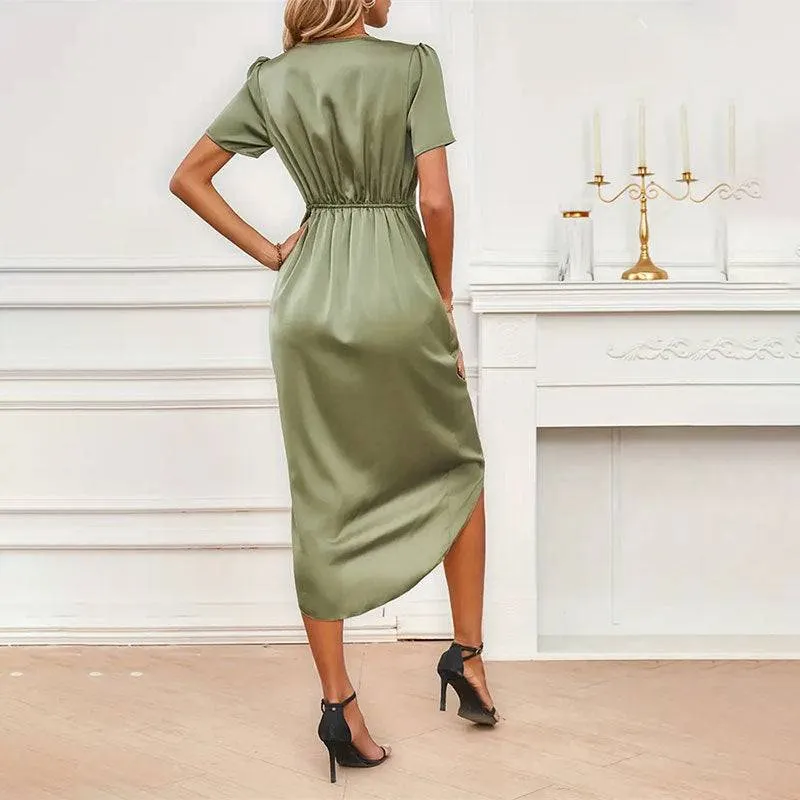 Women's Satin V-Neck Short Sleeve Midi Dress